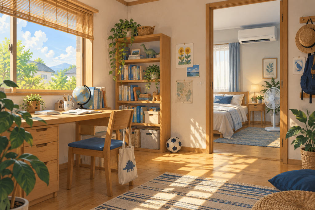 夏の日差しが入る部屋とエアコンのある寝室を描いたイメージ