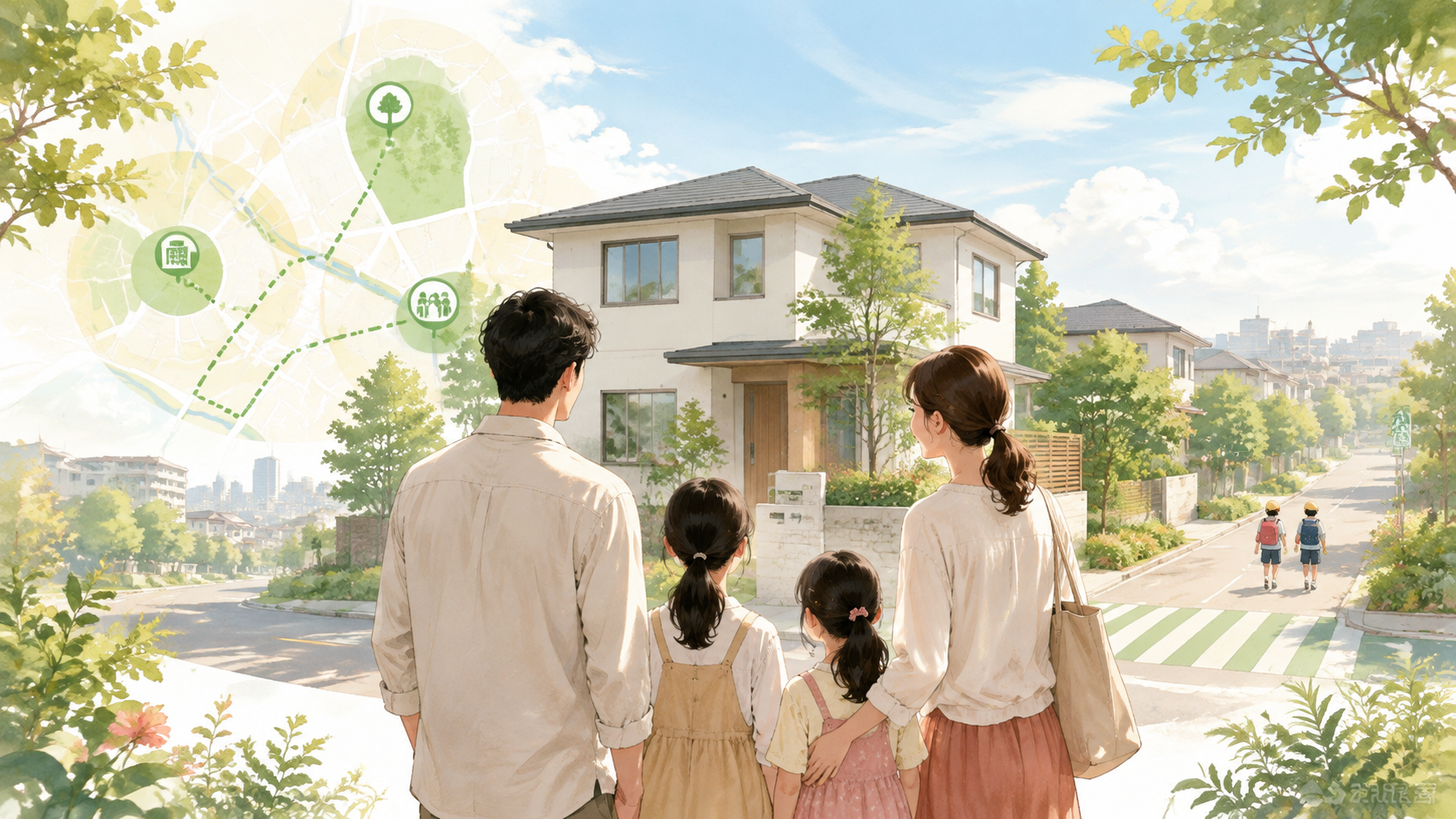 安全な立地にある新居を見つめる両親と娘2人