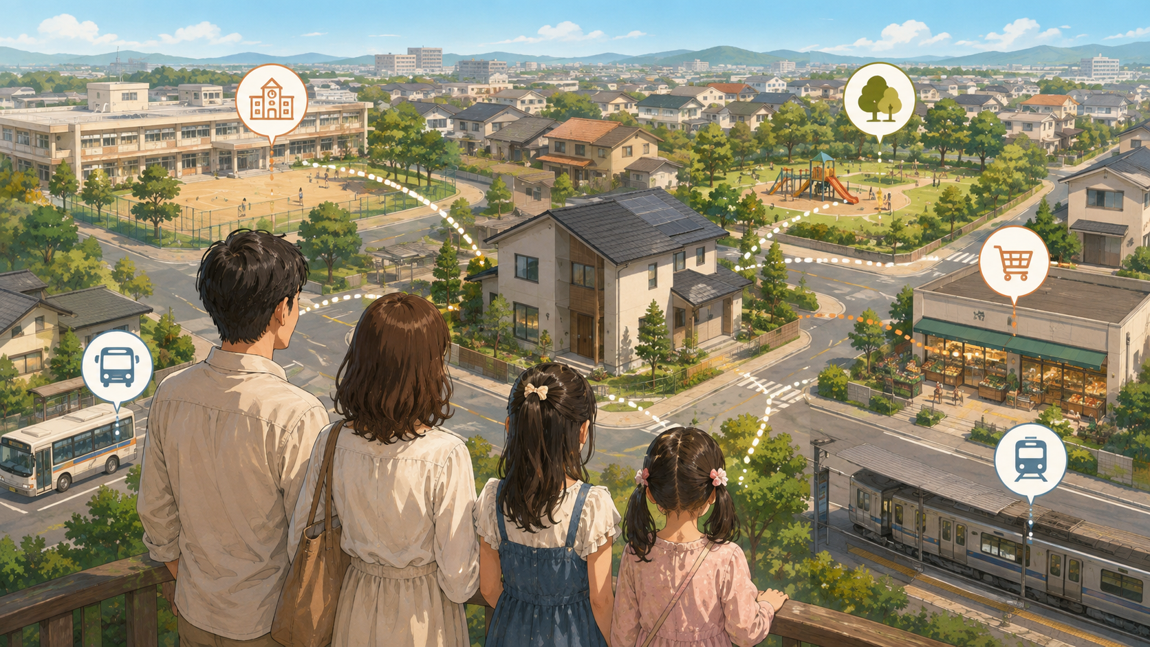 家を中心に学校や公園、買い物環境を確認する家族