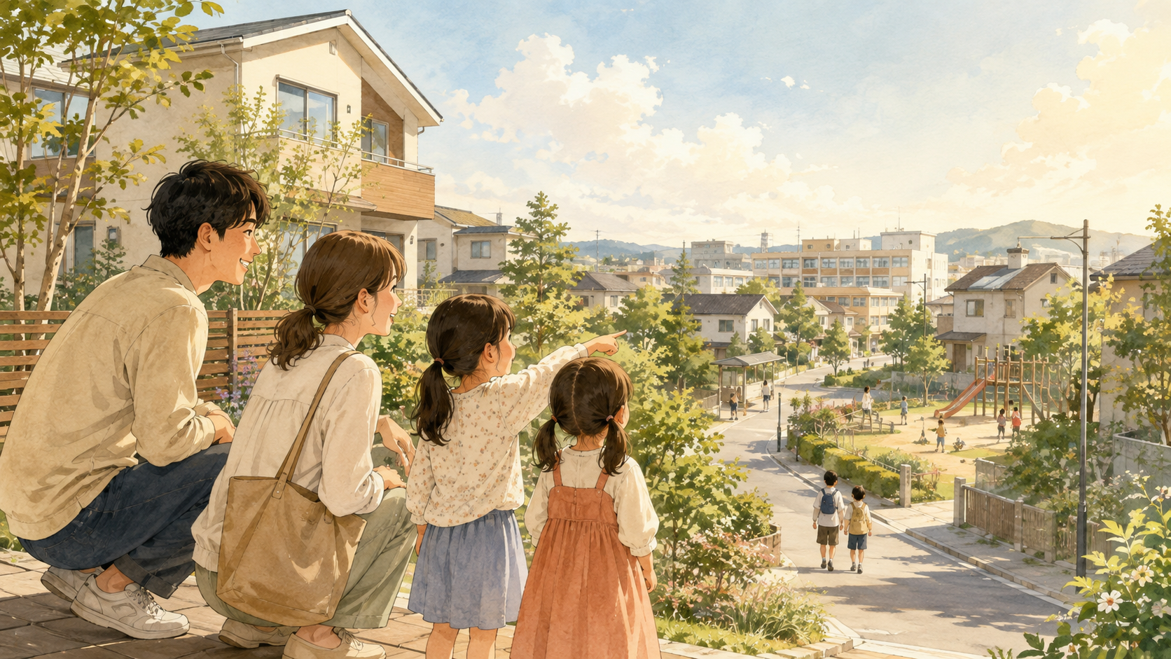 娘2人の目線で家と周辺環境を確認する子育て家庭