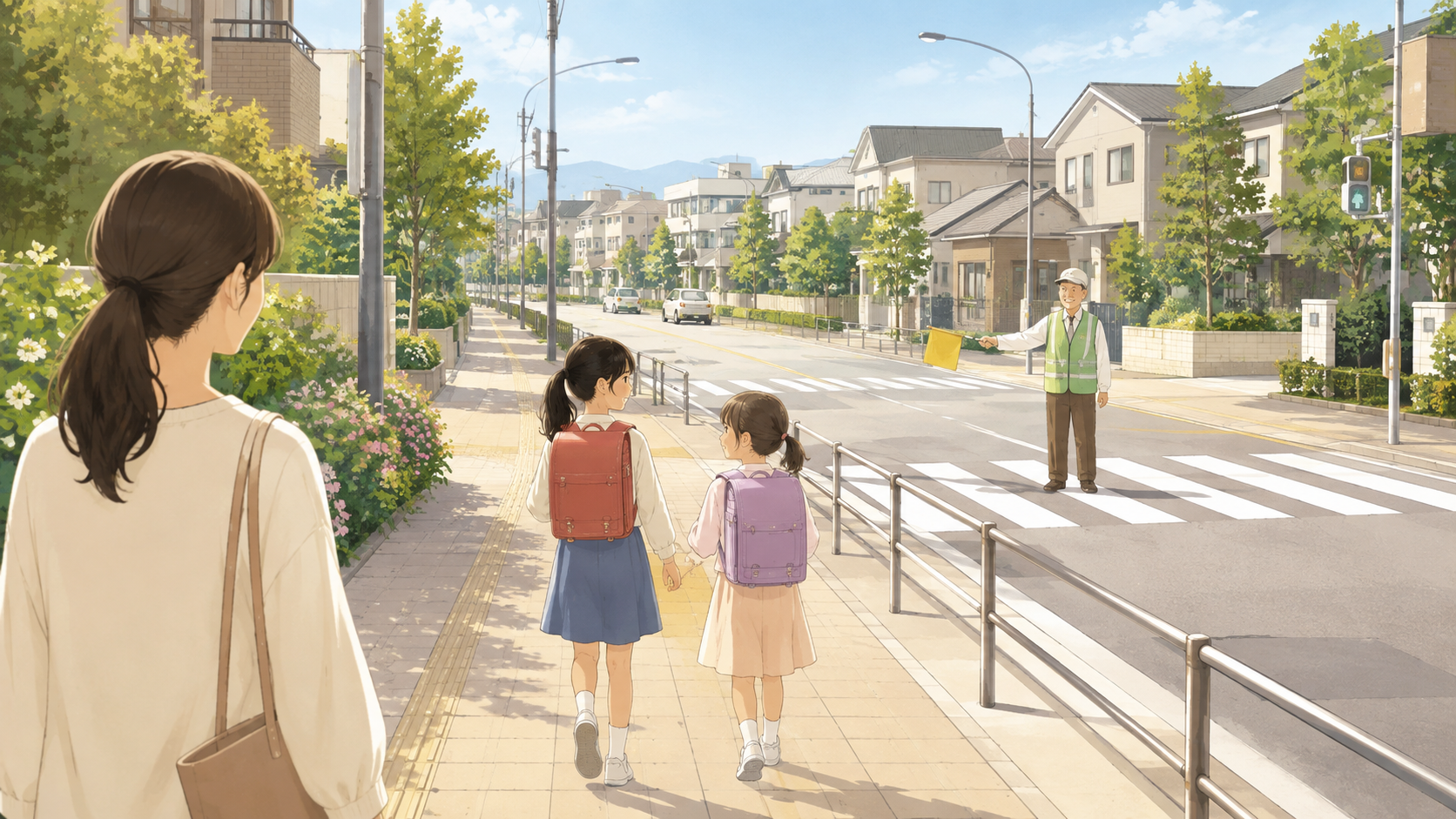 歩道と横断歩道が整備された安全な通学路を歩く姉妹