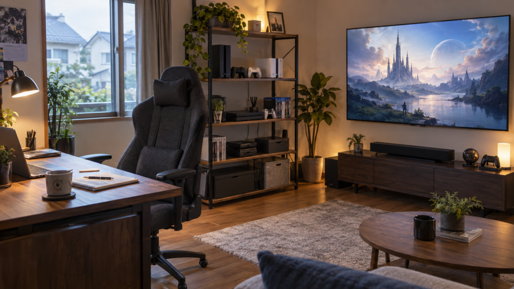 ゲーミングチェアとゲーム収納、大画面テレビを配置した趣味部屋のAI使用イメージ