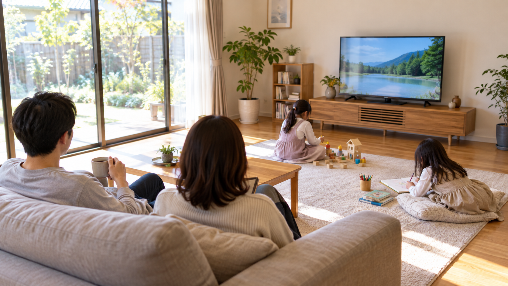 子ども2人の4人家族が戸建てでゆとりを持って過ごすリビングのイメージ