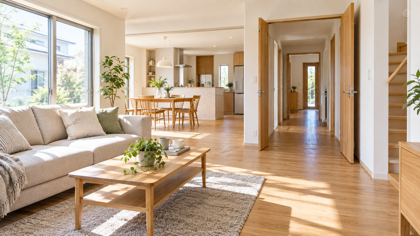 家族4人が動きやすい戸建てのリビングと通路のイメージ