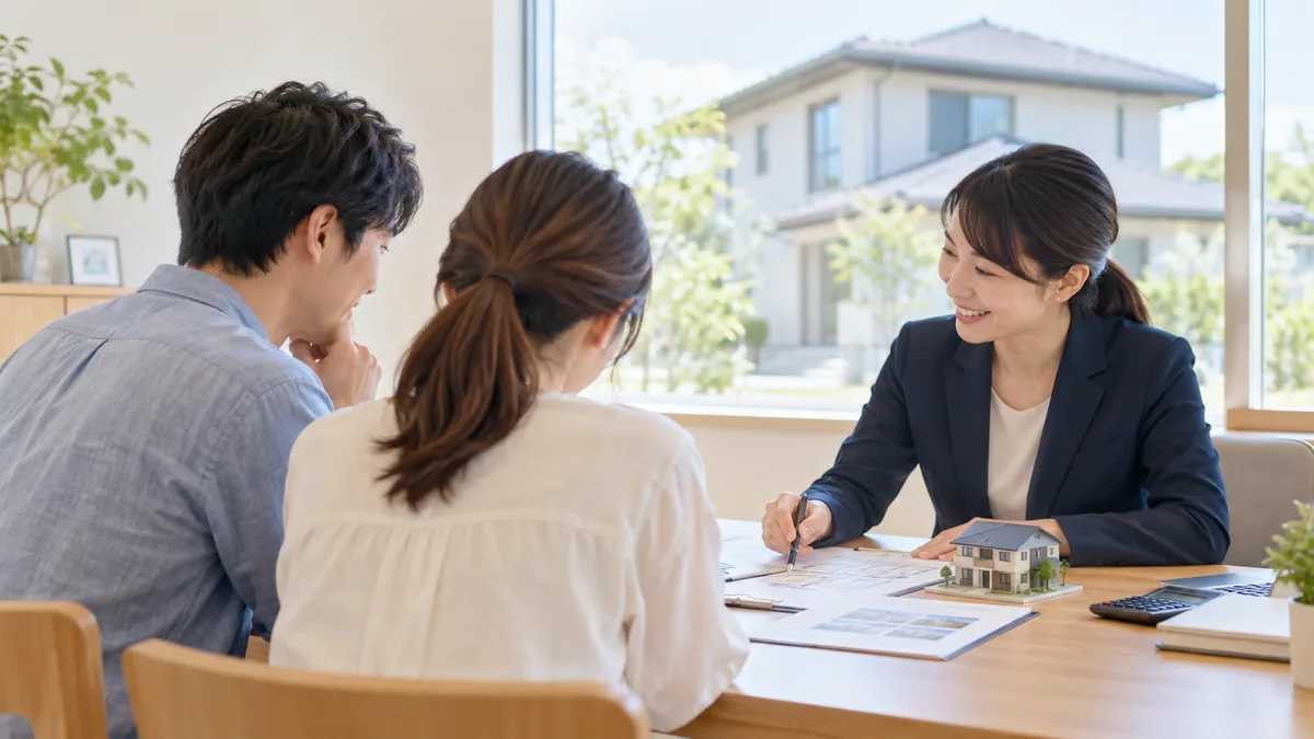中古住宅の値引き交渉を相談する家族と不動産担当者