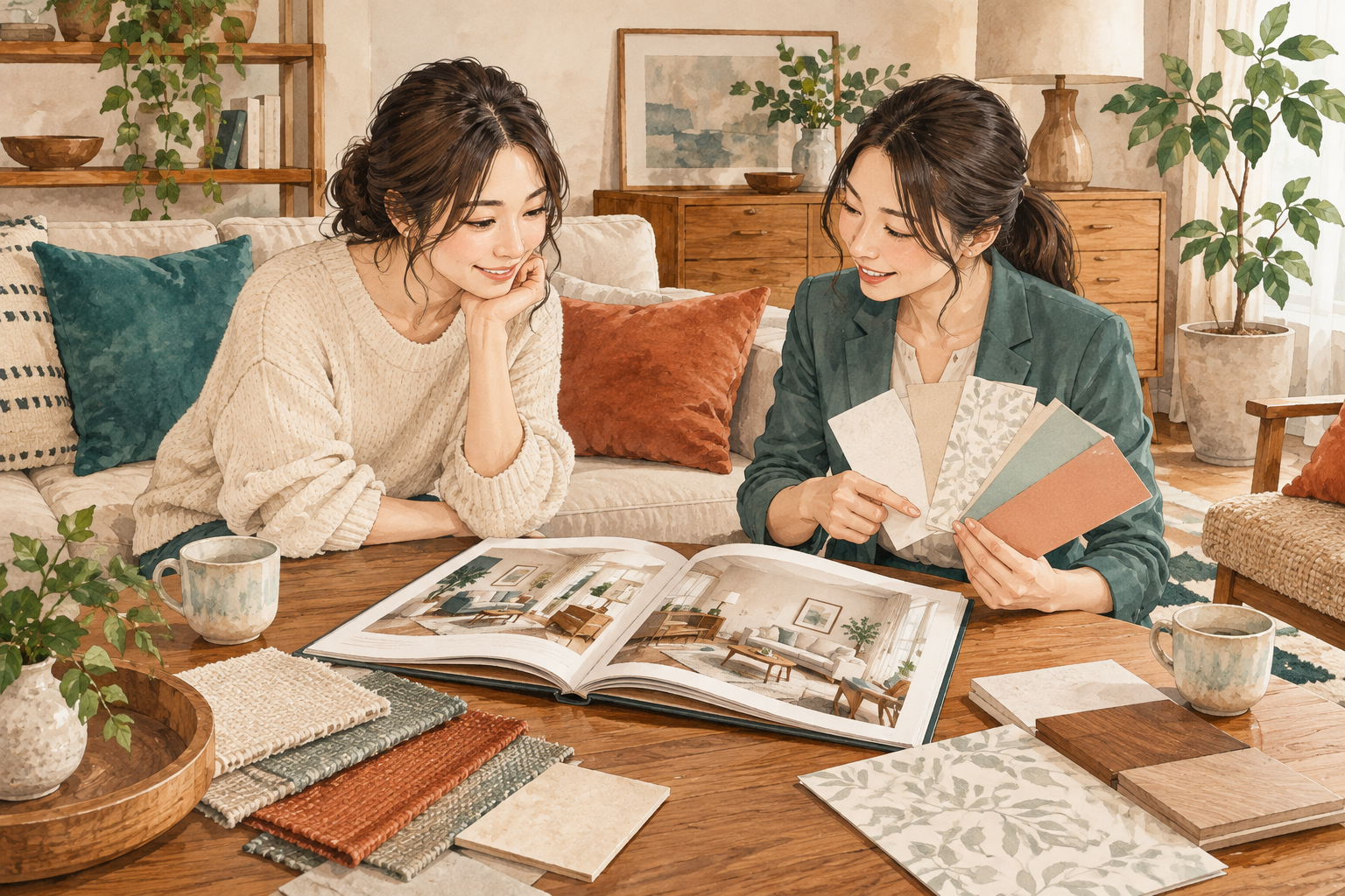 今ある家具に合わせて壁紙を相談するイメージ