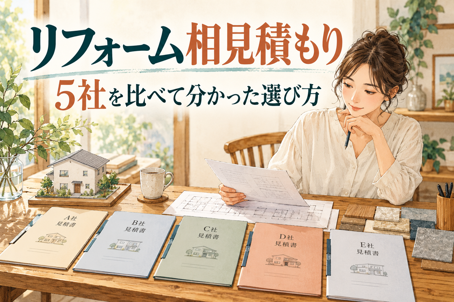 5社のリフォーム見積書を比較するイメージ