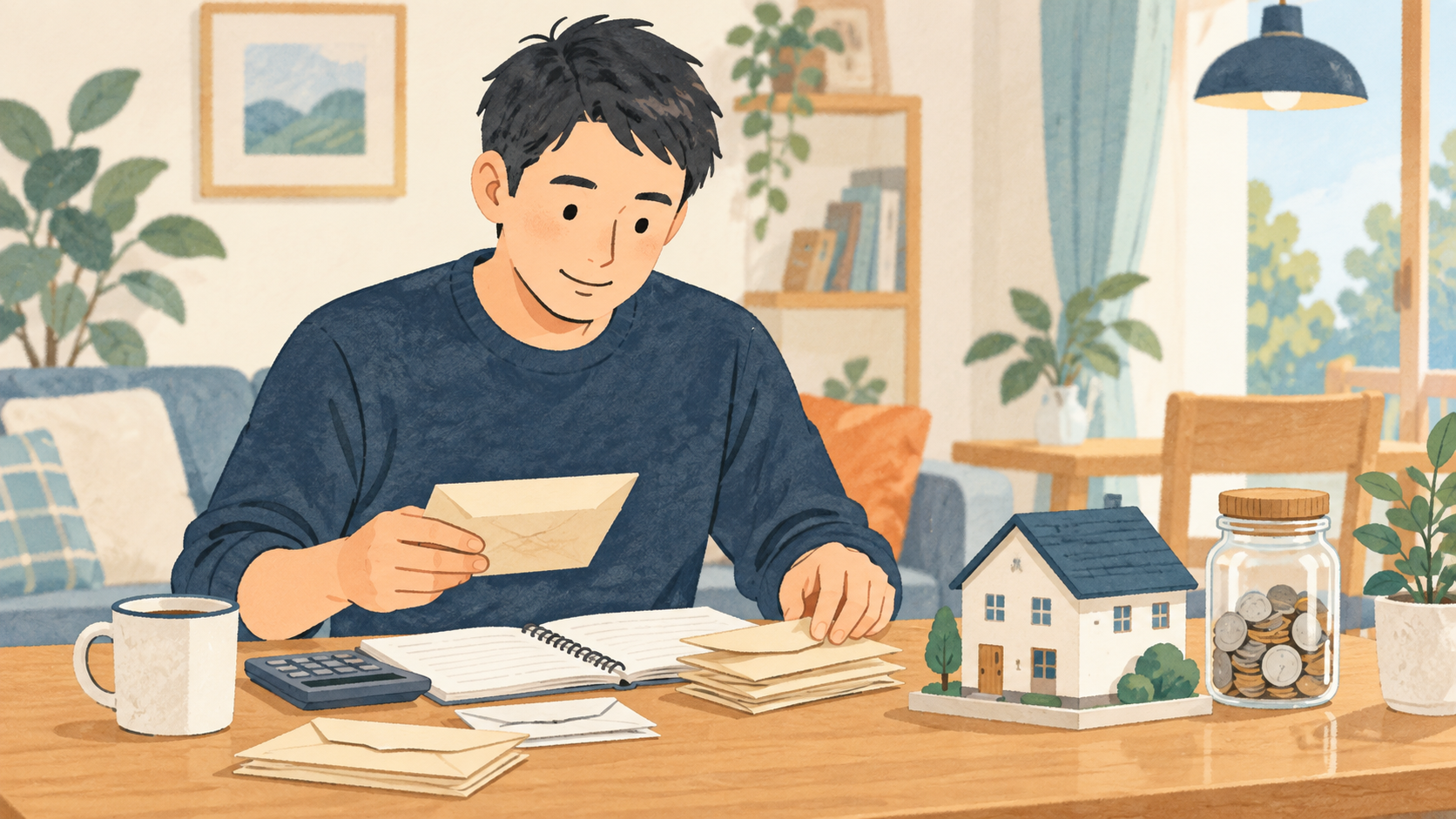 家計ノートと封筒を整理して住宅費の支払いに備えるイメージ