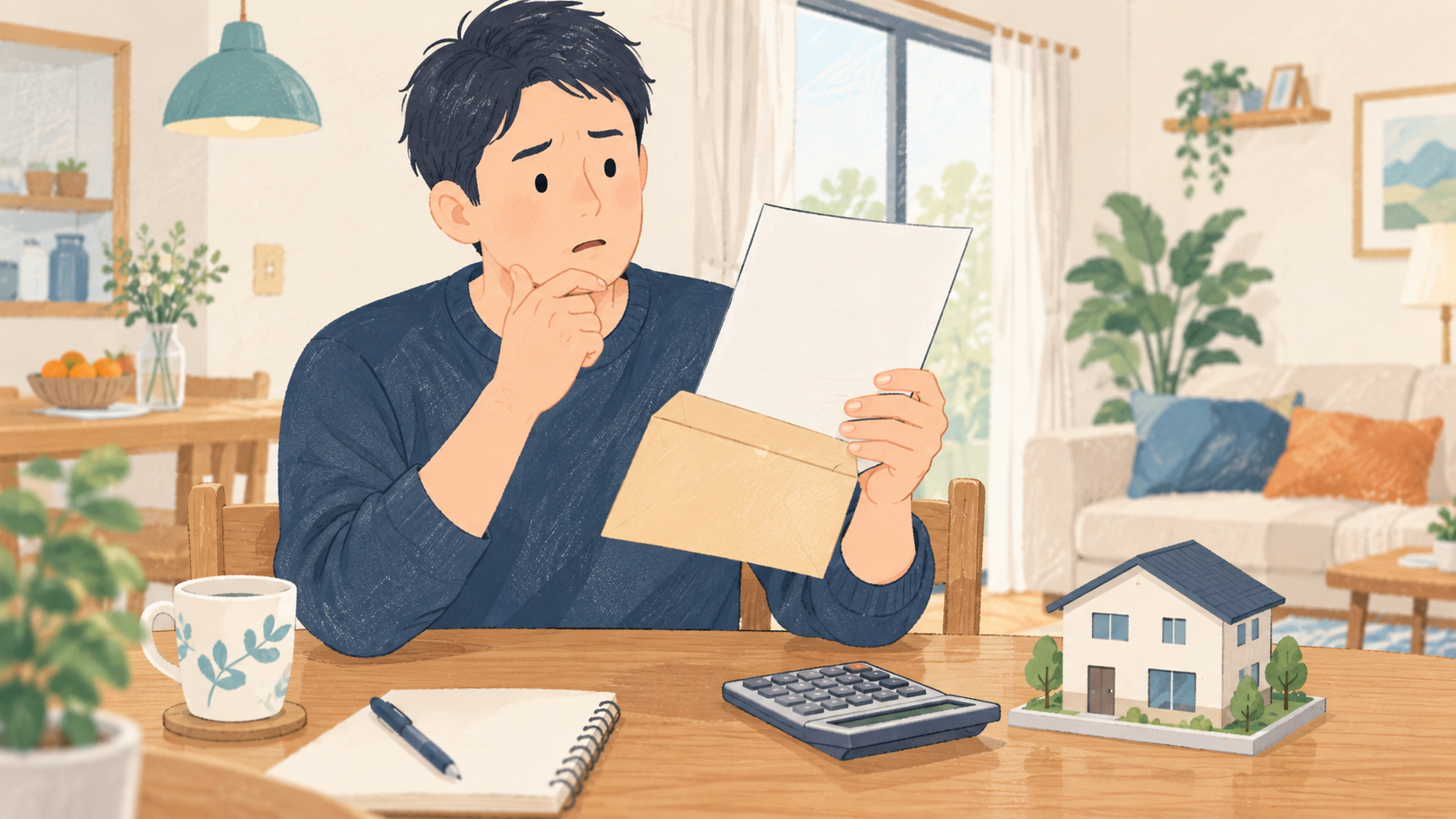 住宅購入後に届いた課税予定の案内を見て戸惑う父親のイメージ