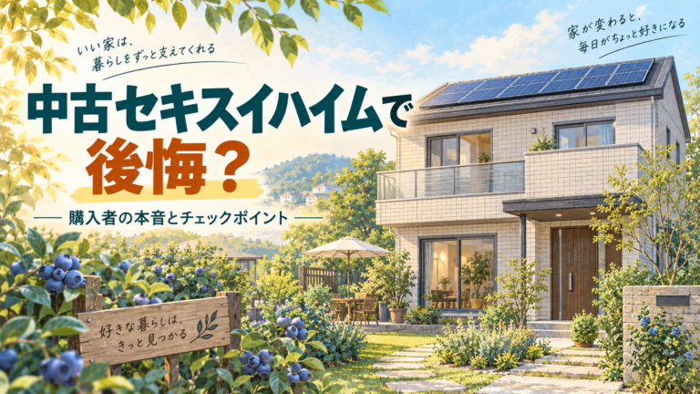 中古住宅の購入体験を紹介する家と庭のイメージイラスト