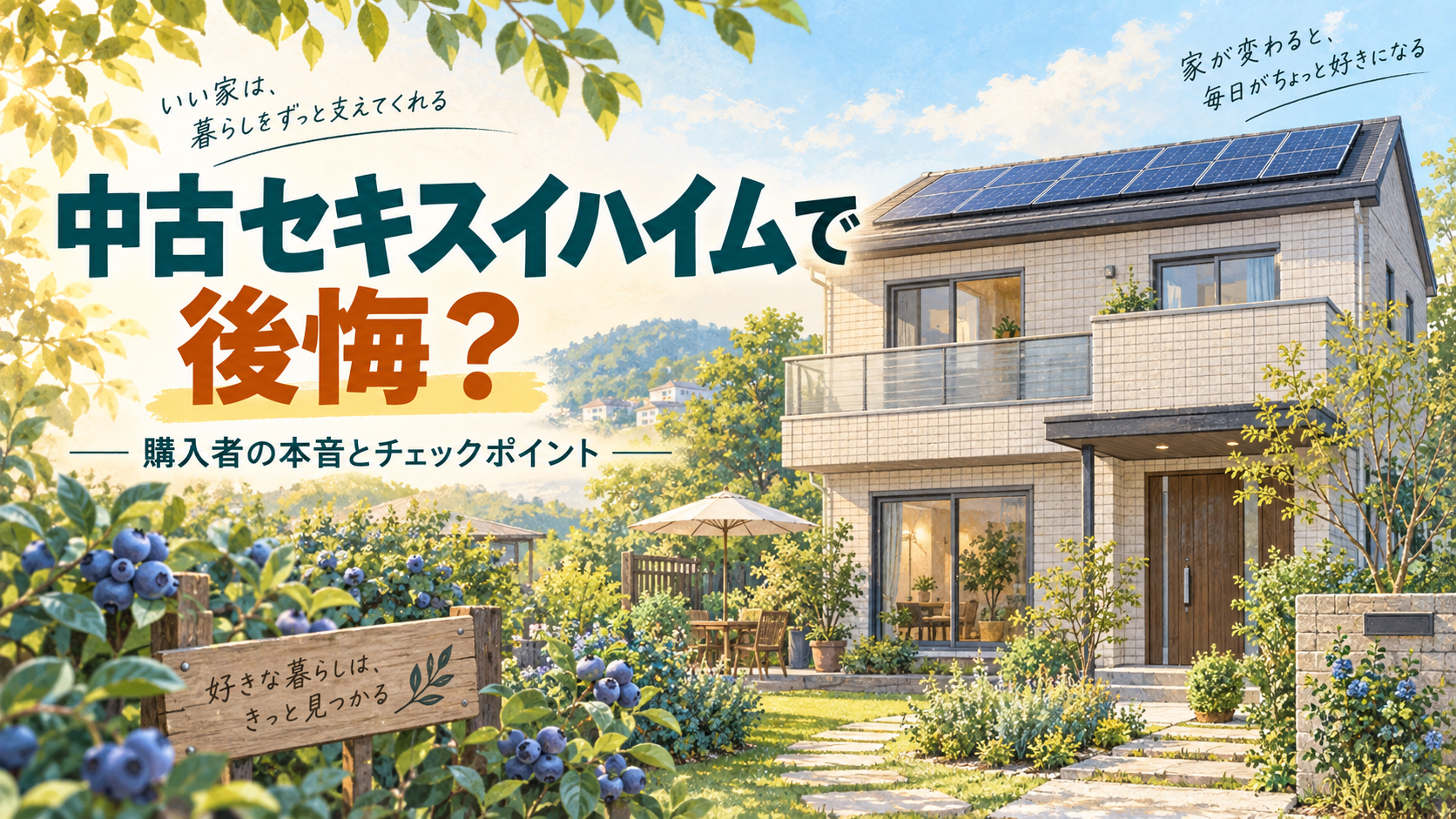 中古住宅の購入体験を紹介する家と庭のイメージイラスト