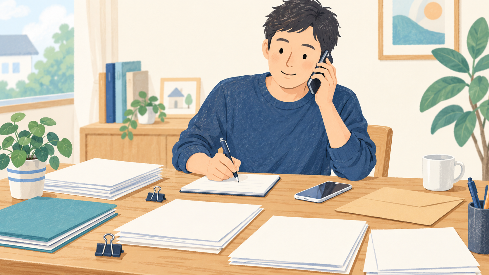申請書類を机にそろえて電話で相談する父親のイメージ