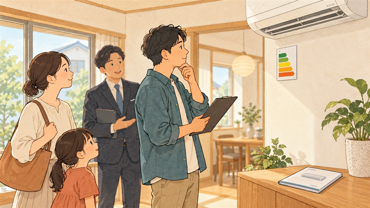 住宅の内覧で空調設備を確認する家族のイラスト