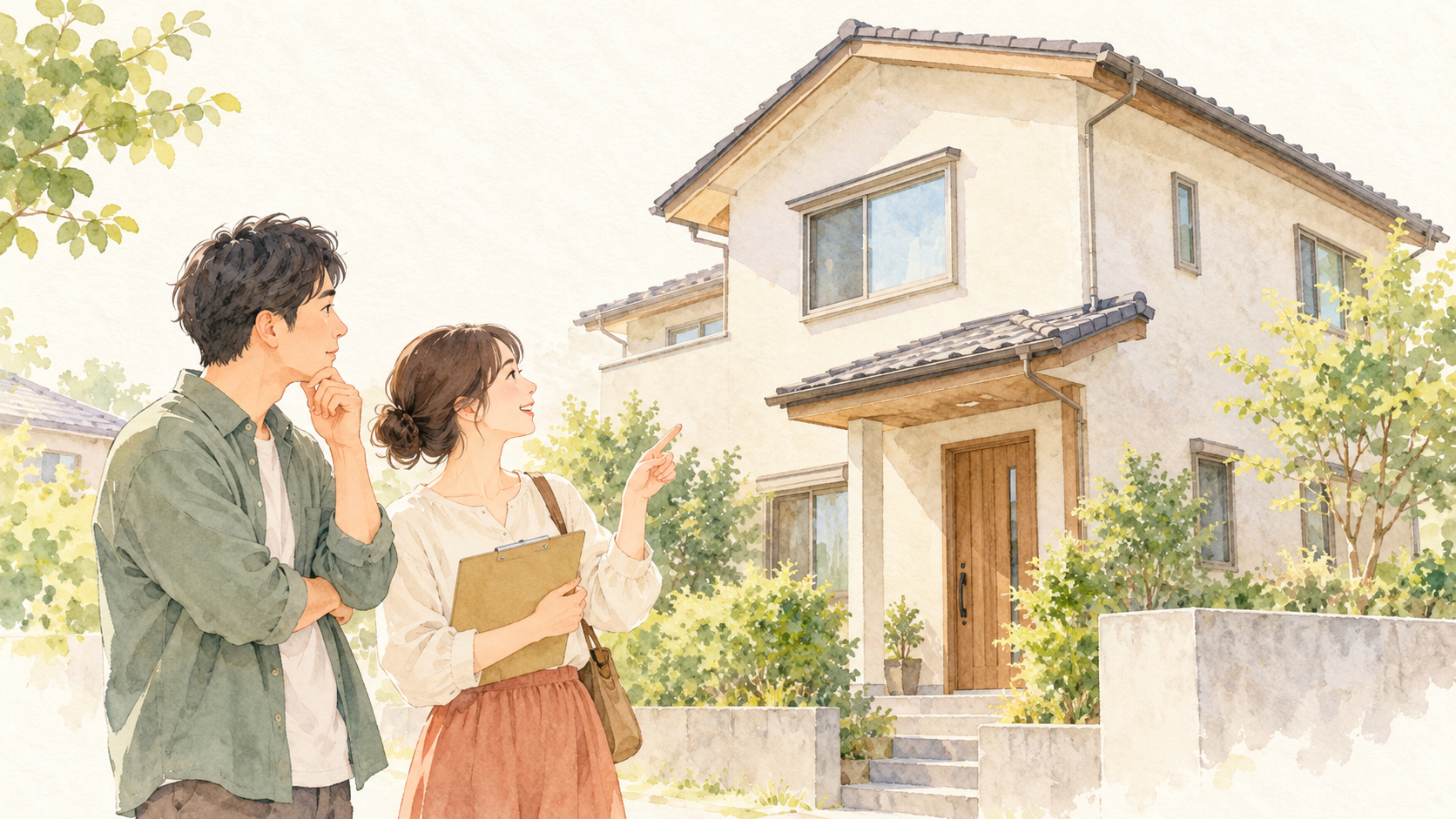中古戸建ての外観を確認する夫婦の説明用イラスト