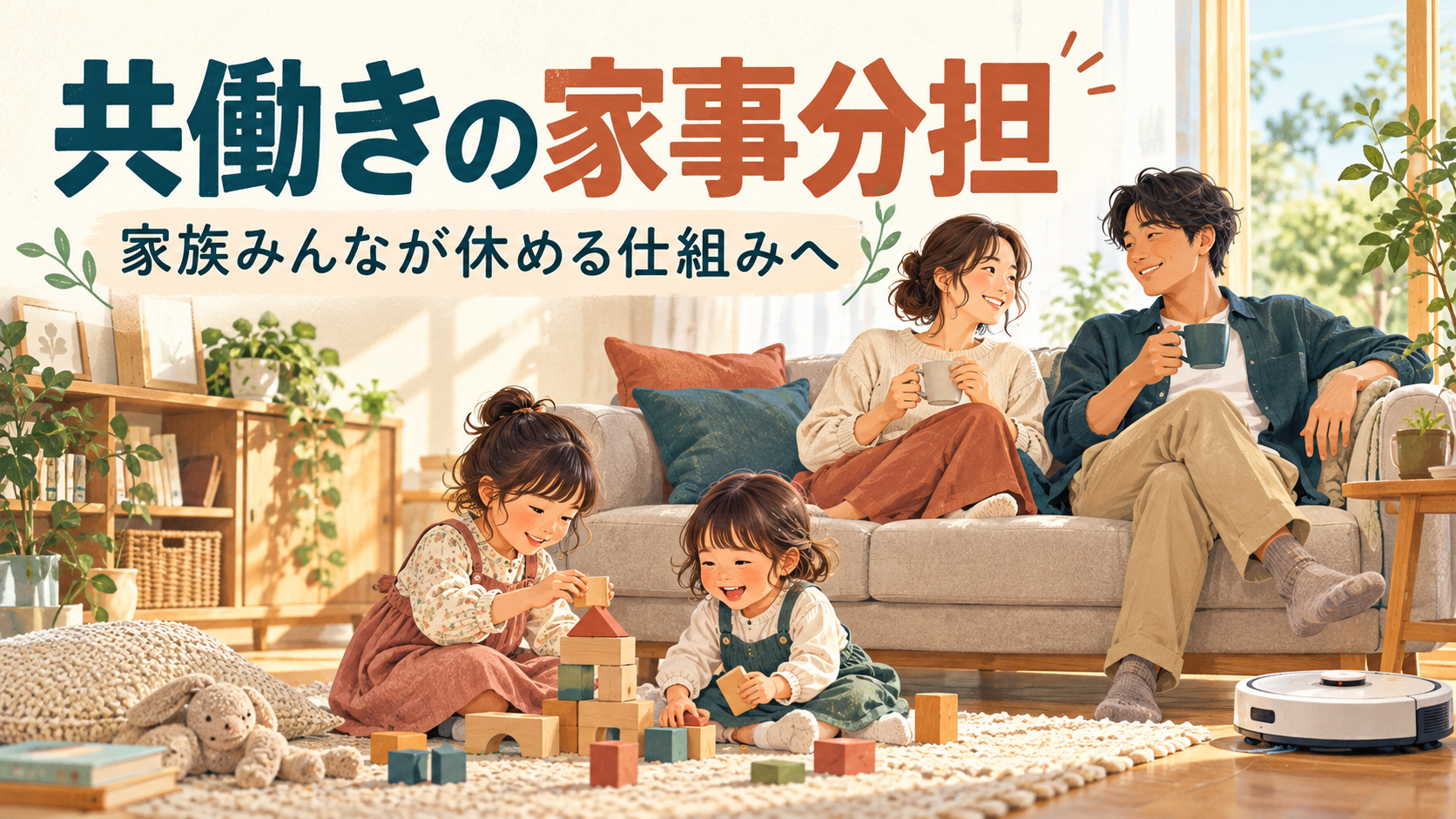 夫婦が休み、子どもたちが遊ぶ家事分担のイメージイラスト