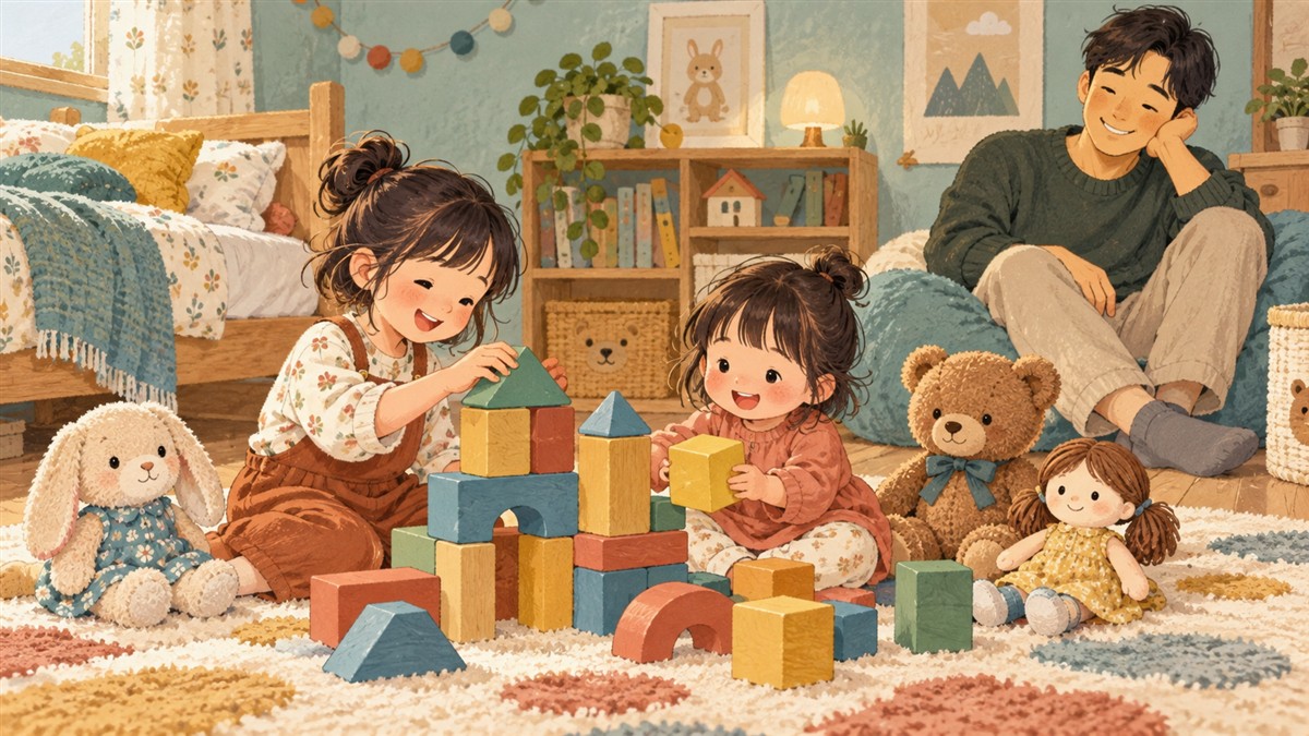 子ども部屋で積み木と人形で遊ぶ姉妹のイラスト