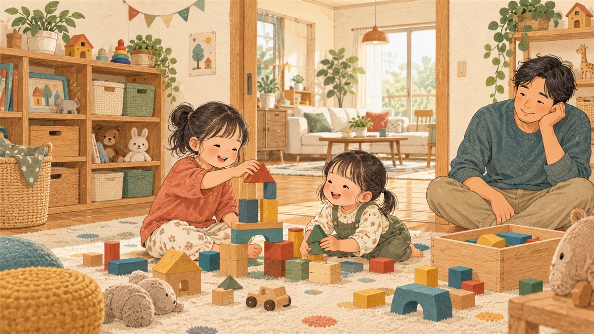 おもちゃのある子ども部屋で遊ぶ姉妹と見守る父親のイラスト