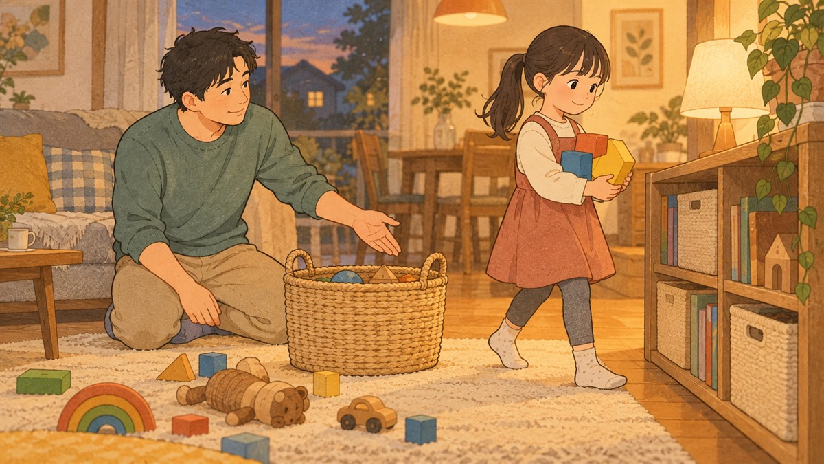 父親の声かけでおもちゃを棚に戻す子どものイラスト