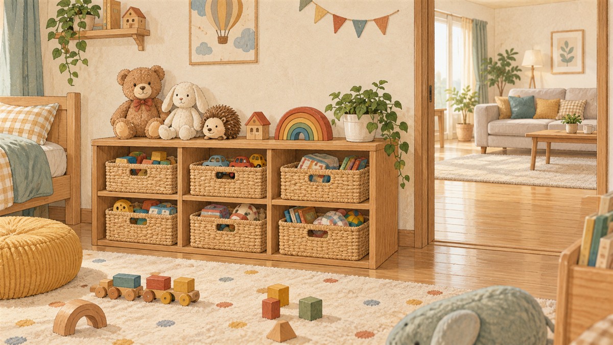 子ども部屋の低い棚におもちゃを収納したイメージイラスト