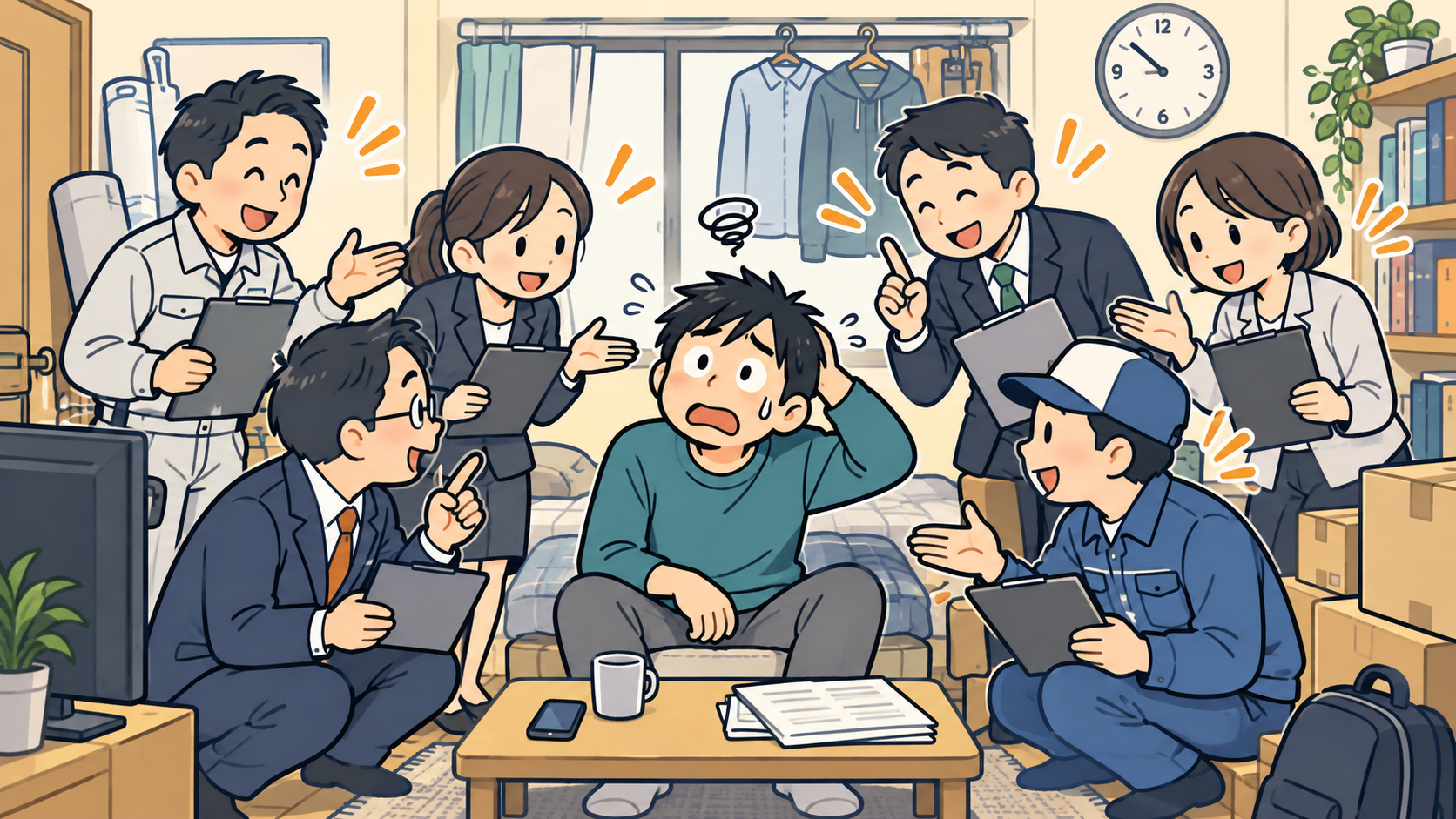 ワンルームに6社の担当者が重なった訪問見積もりのイメージ