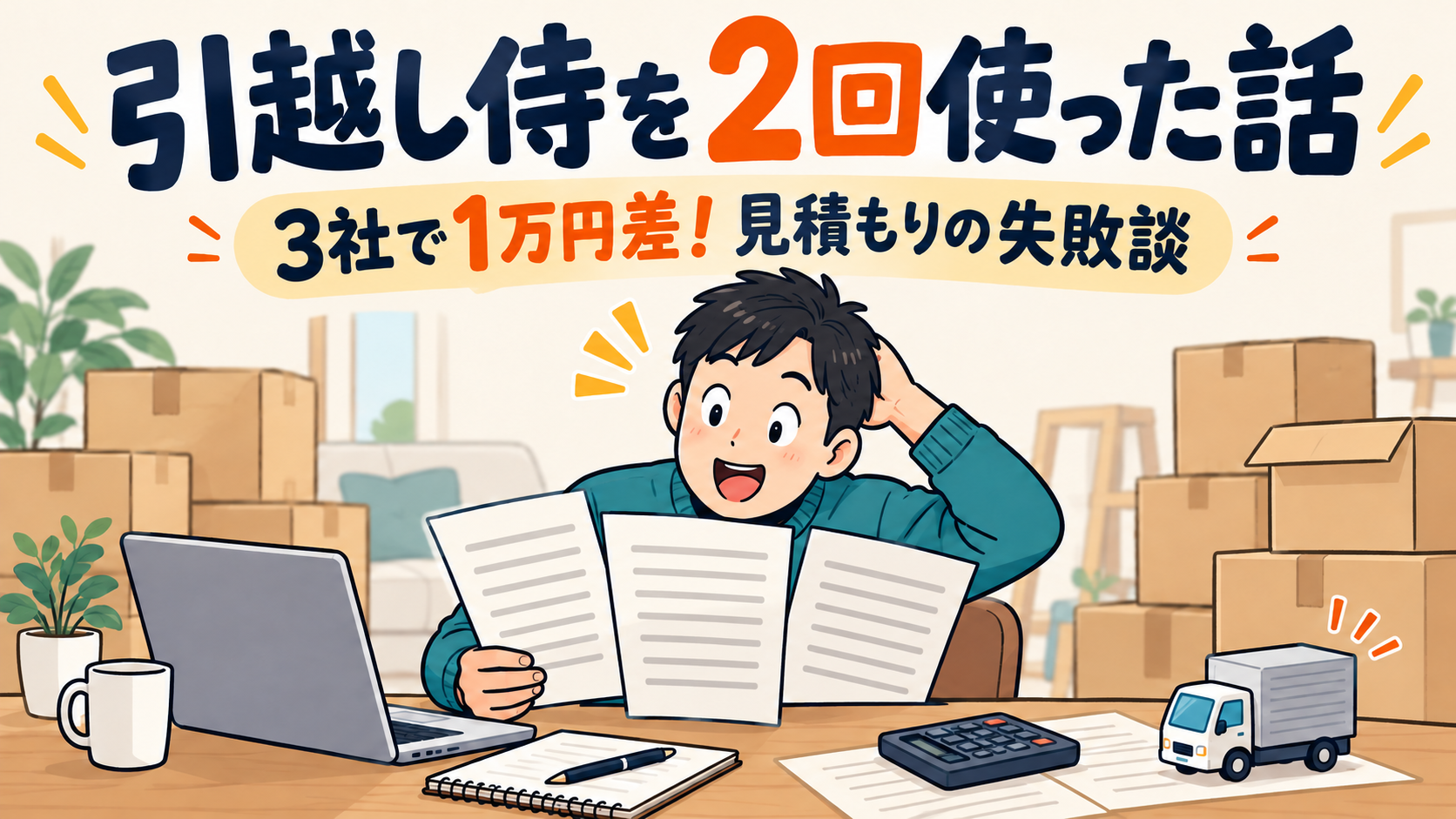 引越し侍を2回使った実体験。3社の見積もりで1万円差があったことを表すイラスト