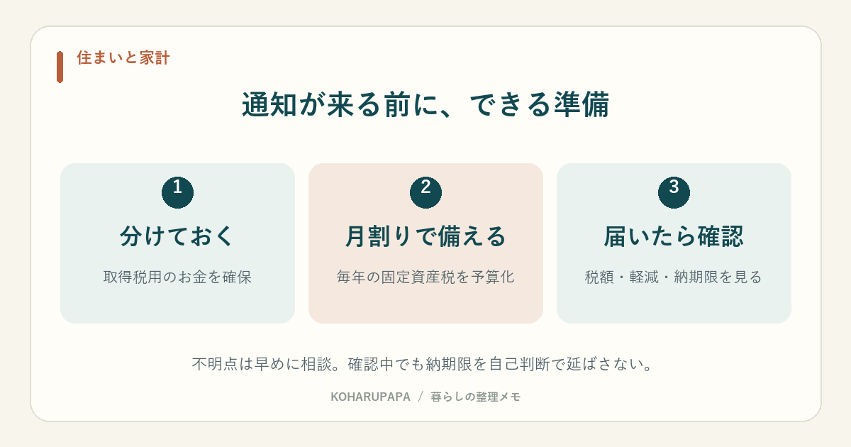 通知が来る前に、できる準備。分けておく：取得税用のお金を確保、月割りで備える：毎年の固定資産税を予算化、届いたら確認：税額・軽減・納期限を見る